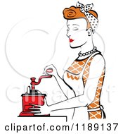 Poster, Art Print Of Retro Happy Red Haired Housewife Using A Manual Coffee Grinder In Profile