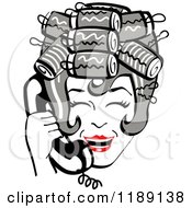 Poster, Art Print Of Happy Retro Gray Haired Housewife With Her Hair Up In Curlers Laughing While Talking On A Landline Telephone