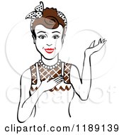 Poster, Art Print Of Retro Happy Brunette Housewife Waitress Or Maid Woman Wearing An Apron And Presenting