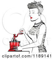 Poster, Art Print Of Retro Happy Gray Haired Housewife Using A Manual Coffee Grinder In Profile