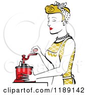 Poster, Art Print Of Retro Happy Dirty Blond Housewife Using A Manual Coffee Grinder In Profile 2