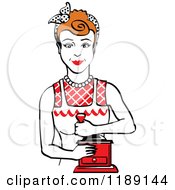 Poster, Art Print Of Retro Happy Red Haired Housewife Using A Manual Coffee Grinder 2