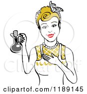 Happy Retro Dirty Blond Woman In An Apron Holding Up A Bottle Of Cooking Oil