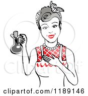 Clipart Of A Happy Retro Gray Haired Woman In An Apron Holding Up A Bottle Of Cooking Oil 2 Royalty Free Vector Illustration