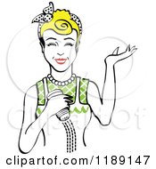 Clipart Of A Happy Retro Blond Woman Shrugging And Using A Salt Shaker 4 Royalty Free Vector Illustration