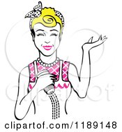 Clipart Of A Happy Retro Blond Woman Shrugging And Using A Salt Shaker Royalty Free Vector Illustration