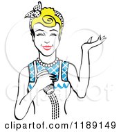 Clipart Of A Happy Retro Blond Woman Shrugging And Using A Salt Shaker 3 Royalty Free Vector Illustration