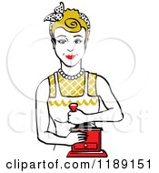 Poster, Art Print Of Retro Happy Dirty Blond Housewife Using A Manual Coffee Grinder