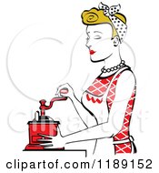 Poster, Art Print Of Retro Happy Dirty Blond Housewife Using A Manual Coffee Grinder In Profile