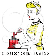 Poster, Art Print Of Retro Happy Blond Housewife Using A Manual Coffee Grinder In Profile