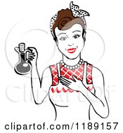 Clipart Of A Happy Retro Brunette Woman In An Apron Holding Up A Bottle Of Cooking Oil 2 Royalty Free Vector Illustration