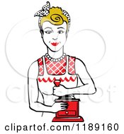 Poster, Art Print Of Retro Happy Dirty Blond Housewife Using A Manual Coffee Grinder 2