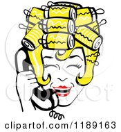 Poster, Art Print Of Happy Retro Blond Housewife With Her Hair Up In Curlers Laughing While Talking On A Landline Telephone