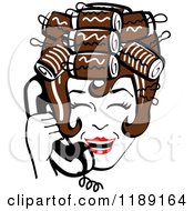 Poster, Art Print Of Happy Retro Brunette Housewife With Her Hair Up In Curlers Laughing While Talking On A Landline Telephone