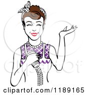 Clipart Of A Happy Retro Brunette Woman Shrugging And Using A Salt Shaker 3 Royalty Free Vector Illustration