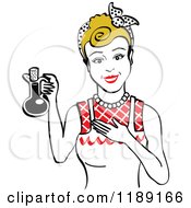 Clipart Of A Happy Retro Dirty Blond Woman In An Apron Holding Up A Bottle Of Cooking Oil 2 Royalty Free Vector Illustration