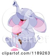 Poster, Art Print Of Cute Happy Purple Baby Elephant Licking A Strawberry Ice Cream Cone