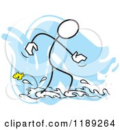 Poster, Art Print Of Stickler Man Wading In Water And Watching A Fish Over Blue
