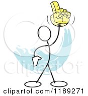 Cartoon Of A Stickler Man Holding Up A Number One Glove Over Blue Royalty Free Vector Clipart