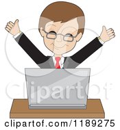 Poster, Art Print Of Businessman Cheering Behind A Laptop
