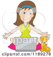 Cartoon Of A Ginger Kitten Sitting By A Woman And Laptop On The Floor Royalty Free Vector Clipart