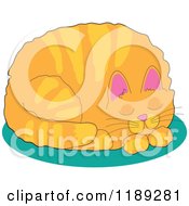 Cartoon Of A Chubby Ginger Cat Curled Up And Sleeping On A Turquoise Rug Royalty Free Vector Clipart by Maria Bell