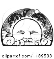 Clipart Of A Sun Face With Clouds And Orbiting Planet Black And White Woodcut Royalty Free Vector Illustration by xunantunich #COLLC1189533-0119