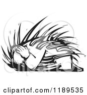 Clipart Of A Cowardly Man Curled Up With Spines Black And White Woodcut Royalty Free Vector Illustration