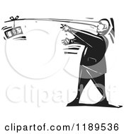 Lying Man Reaching For Cash At The End Of His Long Nose Black And White Woodcut