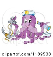 Happy Captain Octopus With An Anchor Paper Boat And Telescope