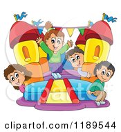 Cartoon Of Happy Children Playing On A Bouncy House Castle Royalty Free Vector Clipart by visekart #COLLC1189544-0161