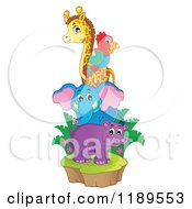 Poster, Art Print Of Cute African Hippo Giraffe Elephant And Parrot On An Island