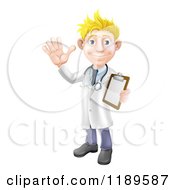 Friendly Blond Male Doctor Waving And Holding A Medical Chart