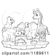 Cartoon Of An Outlined Cute African Hippo Giraffe Elephant And Parrot On An Island Royalty Free Vector Clipart