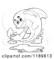 Cartoon Of An Outlined Happy Dolphin Leaping Out Of Water Royalty Free Vector Clipart