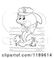 Cartoon Of An Outlined Happy Captain Dolphin Jumping Out Of Water Royalty Free Vector Clipart