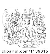 Cartoon Of An Outlined Happy Captain Octopus With An Anchor Paper Boat And Telescope Royalty Free Vector Clipart