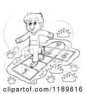 Outlined Happy Boy Playing Hop Scotch