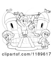 Cartoon Of Outlined Happy Children Playing On A Bouncy House Castle Royalty Free Vector Clipart by visekart #COLLC1189617-0161