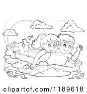 Poster, Art Print Of Outlined Happy Children Swimming On An Inflatable Mattress