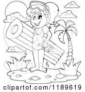 Cartoon Of An Outlined Happy Girl With An Inflatable Mattress And Snorkel Gear Royalty Free Vector Clipart