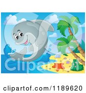 Cartoon Of A Happy Dolphin Leaping Out Of Water By An Island Beach Royalty Free Vector Clipart