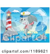 Cartoon Of A Happy Captain Dolphin Jumping Out Of Water By A Lighthouse And Pirate Ship Royalty Free Vector Clipart