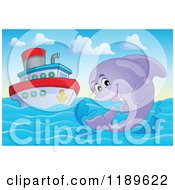 Cartoon Of A Happy Dolphin Leaping Out Of Water By A Ship Royalty Free Vector Clipart by visekart