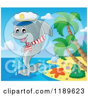 Cartoon Of A Happy Captain Dolphin Jumping Out Of Water By An Island Beach Royalty Free Vector Clipart