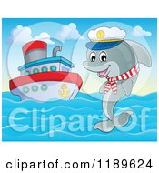 Poster, Art Print Of Happy Captain Dolphin Jumping Out Of Water By A Cruise Ship