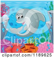 Cartoon Of A Happy Dolphin Swimming Over A Reef Royalty Free Vector Clipart