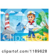Poster, Art Print Of Happy Sailor Boy Holding A Spyglass On A Beach With A Lighthouse And Ship In The Distance
