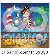 Poster, Art Print Of Skeleton Pirate Holding A Lanteron On A Ship Deck Near A Lighthouse At Night