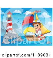 Poster, Art Print Of Happy Sailor Boy In A Boat Near A Lighthouse